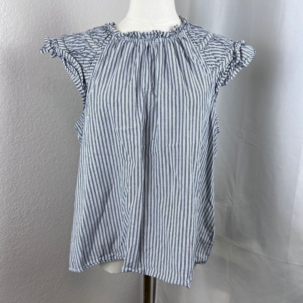 J.Crew Flutter Sleeve Blouse Womens XL Blue Cotton Striped Casual Ruffle Top